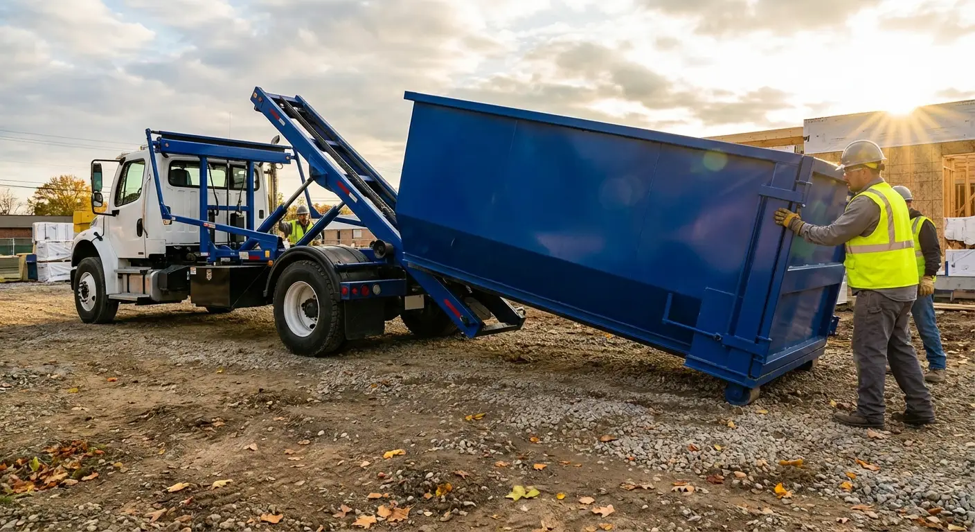Construction dumpster delivery truck at job site in Ceres, CA