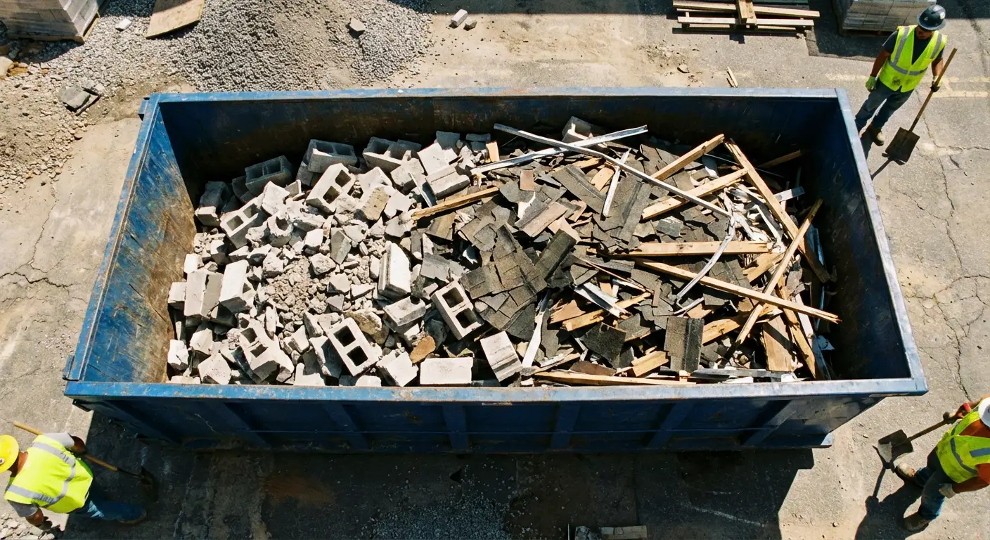 Roll-off dumpster loaded with construction debris in Ceres, CA