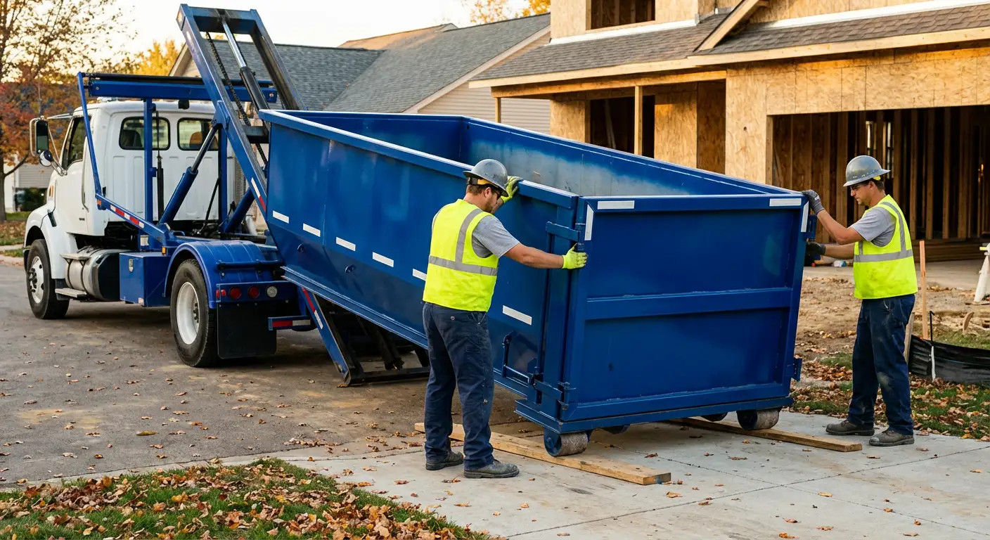 Roll-off dumpster delivery truck in residential area in Ceres, CA